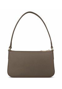 Borsa a tracolla in pelle marrone con finitura texture, forma rettangolare sottile e una sola tracolla. Presenta una chiusura con zip e hardware dorato.