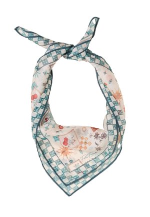 Sciarpa di seta chiara con bordo a quadretti turchese e vari piccoli motivi floreali e solari, annodata in un nodo morbido.