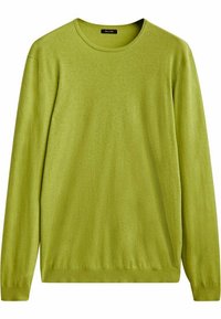 Zielony sweter dzianinowy, długie rękawy, okrągły dekolt, miękka tekstura, lekki materiał, ściągacz na dole i przy rękawach, prosty design, brak widocznych wzorów.