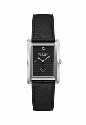 Rechteckige silberne Uhr mit schwarzem, strukturiertem Lederarmband, schwarzem Zifferblatt, silbernen Zeigern, den Zahlen 12, 3 und 9 sowie der Aufschrift "rag & bone New York" auf dem Zifferblatt.