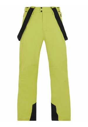 Heldere limoen groene skibroek met zwarte accenten. Heeft banden, twee vo pockets en een gladde, waterafstotende stof.