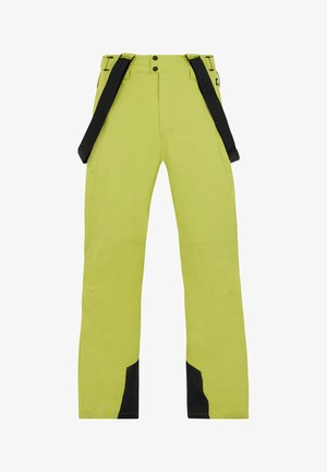 Heldere limoen groene skibroek met zwarte accenten. Heeft banden, twee vo pockets en een gladde, waterafstotende stof.
