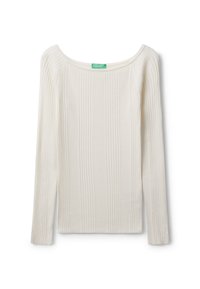 Rippenoberteil mit langen Ärmeln in Off-White, das mit einem weitem Ausschnitt und strukturiertem Finish ausgestattet ist. Enthält ein grünes Markenlabel am Ausschnitt.