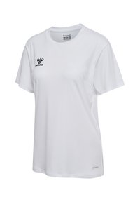 White short-sleeve t-shirt made of lightweight fabric. Features a black logo on the left chest and a tag labeled "BECOOL" at the bottom.