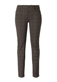 Braune Karohosen aus strukturiertem Stoff, mit schmaler Passform, Fronttaschen und einem standardmäßigen Knopfverschluss.