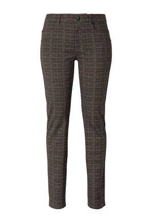 Braune Karohosen aus strukturiertem Stoff, mit schmaler Passform, Fronttaschen und einem standardmäßigen Knopfverschluss.