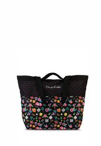 Sac fourre-tout noir avec imprimé floral comportant des fleurs colorées et des crânes. Partie supérieure texturée, poignées noires robustes et motifs contrastants.