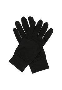 Sorte stofhandsker med fem fingre, glat tekstur og ribbede håndledsmanchetter. Enkel design, velegnet til forskellige aktiviteter.