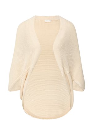 Gebreid vest in roomkleur met open voorkant, met afhangende schouders en afgeronde zoom, plat uitgestald tegen een witte achtergrond.