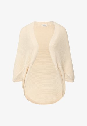 Cremefarbener, offen getragener Strickcardigan mit überschnittenen Schultern und abgerundetem Saum, flach auf weißem Hintergrund ausgebreitet.