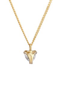Goudkleurige halsketting met een gedraaide ketting en een hartvormige hanger met een heldere, facet geslepen kristal, gemarkeerd met "375" voor goudzuiverheid.