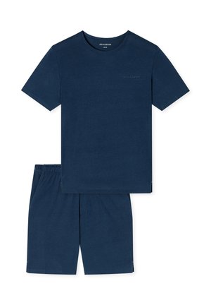 Navyblaues Set aus Baumwoll-T-Shirt und Shorts. Das T-Shirt hat einen Rundhalsausschnitt und kurze Ärmel; die Shorts verfügen über einen elastischen Bund und Seitentaschen.