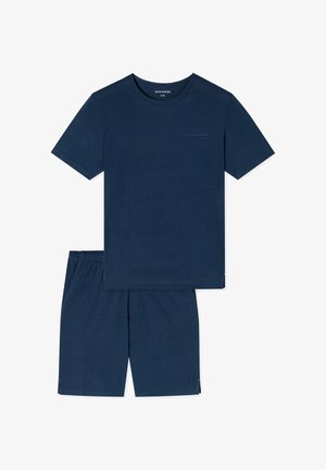 Navyblaues Set aus Baumwoll-T-Shirt und Shorts. Das T-Shirt hat einen Rundhalsausschnitt und kurze Ärmel; die Shorts verfügen über einen elastischen Bund und Seitentaschen.
