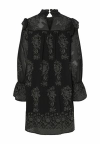 Černé šaty s průhlednými dlouhými rukávy, volánkovým límcem a květinovou výšivkou v tmavě šedé barvě. Rozšířené rukávy s elastickými manžetami a klíčovou dírkou na zadní straně.