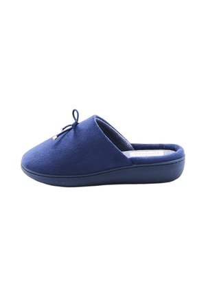 Einzelner dunkelblauer Slip-On-Hausschuh mit einer kleinen dekorativen Schleife oben und einer gepolsterten Sohle für den Innenbereich.