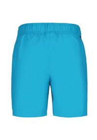 Pantaloni da bagno blu con vita elasticizzata, realizzati in materiale leggero e liscio. Presentano nessuna tasca e un design semplice, di un colore uniforme.
