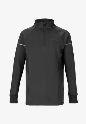 Schwarzer sportlicher Pullover aus strukturiertem Stoff, mit einem Viertel-Reißverschluss am Kragen, reflektierendem Streifen auf der Schulter und langen Ärmeln.