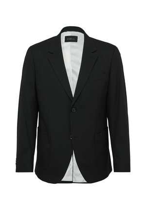 Czarna marynarka uszyta z gładkiego materiału, z zapięciem na jeden guzik, klapami w stylu notch oraz dwiema przednimi kieszeniami; podszewka w białym kolorze.