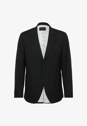 Czarna marynarka uszyta z gładkiego materiału, z zapięciem na jeden guzik, klapami w stylu notch oraz dwiema przednimi kieszeniami; podszewka w białym kolorze.