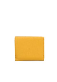Yellow leather wallet with a textured finish, compact rectangular shape, featuring stitched edges and a smooth interior.