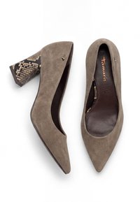 Paire d'escarpins en daim taupe à bout pointu avec talons blocs à motif peau de serpent et semelles intérieures marron, une chaussure vue de dessus, l'autre de côté.