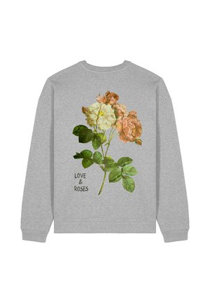 Grauer Sweatshirt mit einer Illustration von weißen und pfirsichfarbenen Rosen mit grünen Blättern und dem Text "LIEBE & ROSEN" in schwarzer Schrift.