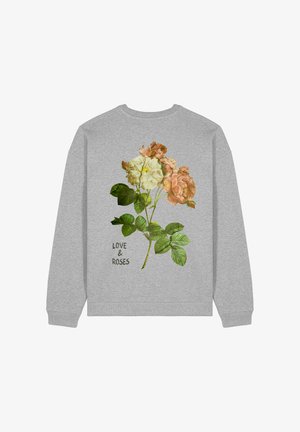 Grå sweatshirt med en illustration av vita och persikofärgade rosor med gröna blad och texten "KÄRLEK & ROSOR" i svart font.