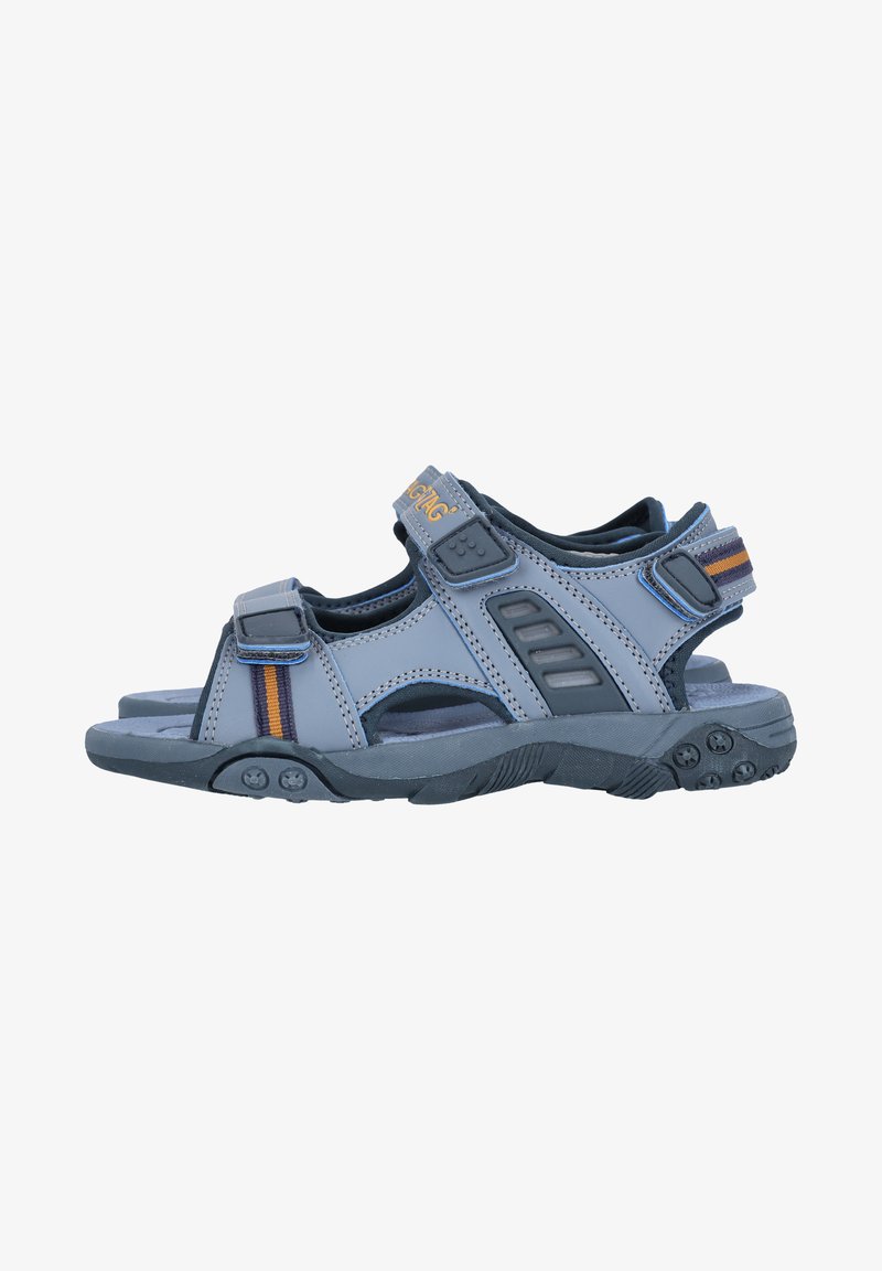 Men's sandals in dark blue synthetic material with adjustable straps, textured soles, and contrasting orange accents. Open design for breathability.