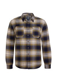 Camicia di flanella a quadri nei colori blu navy, giallo e crema. Presenta due tasche sul petto, chiusura con bottoni e maniche lunghe. Texture morbida.