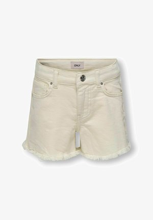 Shorts de mezclilla blanca con dobladillo deshilachado, bolsillos frontales, trabillas para cinturón y un cierre con un solo botón de metal. Etiqueta visible en el interior de la cinturilla.