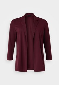 Burgundy cardigani, jossa on kolmannen neljänneksen hihat, avoin etuosa ja muotoillut kaulukset, valmistettu sileästä, joustavasta kankaasta. Ei kiinnityksiä tai kuvioita.