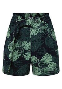 Svarta shorts med ett mönster av gröna tropiska blad, featuring en hög midja med bälte och texturerad tyg.