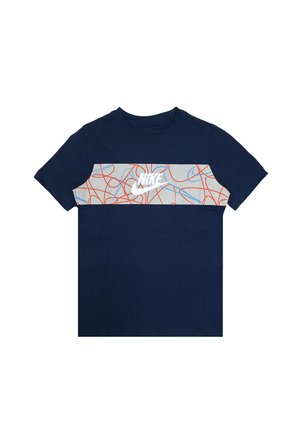 Navy blue short-sleeve Nike T-shirt with a light gray chest panel featuring red and blue abstract lines and a white Nike logo.