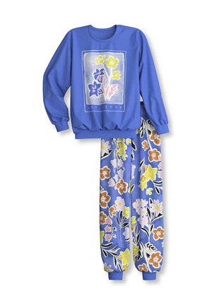 Sweat-shirt bleu à manches longues avec motif floral et pantalon bleu assorti à imprimé floral avec des fleurs jaunes, roses et marron.