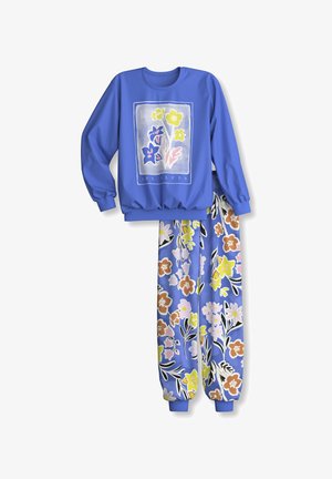 Felpa blu a maniche lunghe con grafica floreale e pantaloni blu coordinati con stampa floreale con fiori gialli, rosa e marroni.