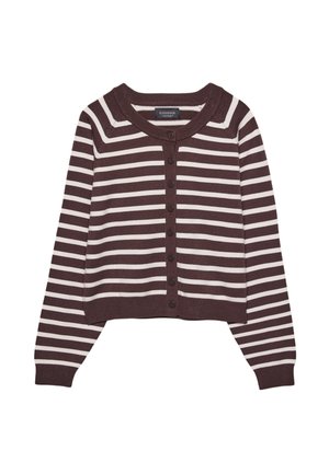 Brown and cream striped cardigan, cropped design, featuring a round neckline and six front buttons, with ribbed cuffs and hem.