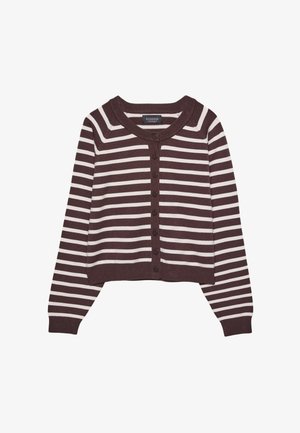 Brown and cream striped cardigan, cropped design, featuring a round neckline and six front buttons, with ribbed cuffs and hem.