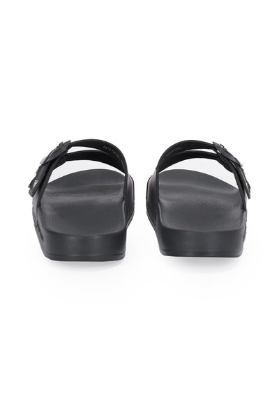 Pair of black platform sandals with adjustable straps and buckles, shown from the back on a white background.