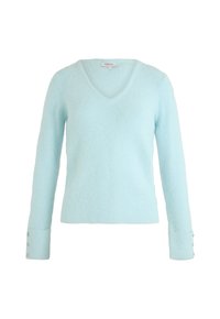 Pull en tricot bleu clair à manches longues avec col en V et détails de boutons sur les poignets, taille petite, étiqueté par Morgan.