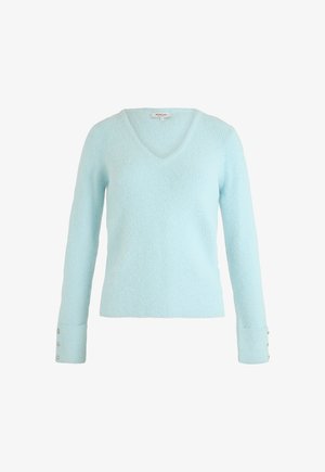 Maglione a maniche lunghe di colore blu chiaro, con scollo a V e dettagli con bottoni sui polsini, etichettato come taglia piccola da Morgan.
