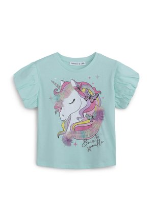 T-shirt azzurro chiaro a maniche corte con maniche a palloncino, caratterizzato da una grafica di un unicorno con colori pastello, farfalle e la scritta "Nato per brillare."