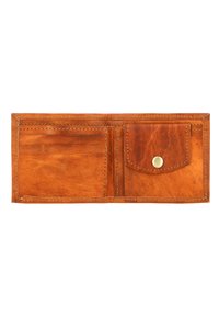 Brown leather wallet, bifold design, featuring multiple card slots, a snap-buttoned coin pocket, and visible stitching for durability.