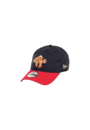 Navy blue cap with a red visor, featuring an embroidered character playing basketball on the front. Includes a logo patch on the side.