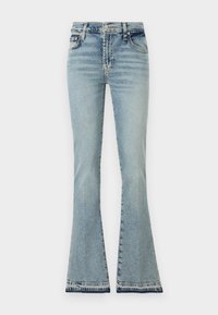 Jeans din denim de culoare albastră deschisă, evazate, cu talie înaltă, cusături definite și tiv franjurat. Materialul pare moale, având un design clasic cu cinci buzunare.