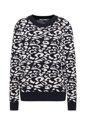 Pull marin avec motif léopard blanc, col rond et poignets et ourlet côtelés. Fabriqué en matériau tricoté doux.