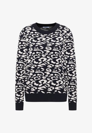 Laivastonsininen neulepaita, jossa on valkoinen leopardikuosi, pyöreä pääntie sekä resorit hihoissa ja helmassa. Valmistettu pehmeästä neuloksesta.