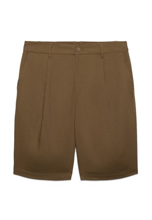 Braune maßgeschneiderte Shorts mit vorderer Knopf- und Reißverschluss, Seitentaschen, Gürtelschlaufen und knielangem Saum.