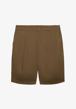 Braune maßgeschneiderte Shorts mit vorderer Knopf- und Reißverschluss, Seitentaschen, Gürtelschlaufen und knielangem Saum.
