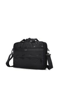 Black laptop bag made of durable fabric, featuring multiple zippered compartments, short handles, and an adjustable shoulder strap.