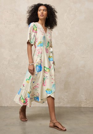 Next, REGULAR FIT - SCALLOP SLEEVE WRAP MIDI - Vestito casual - ecru white floral printed